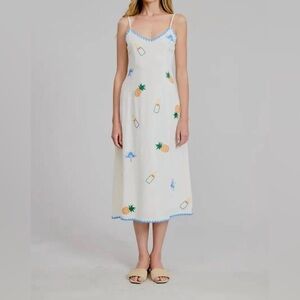Flat White Women’s Fiona Pineapple Brunch Embroidered Midi Dress Cream Multi XS